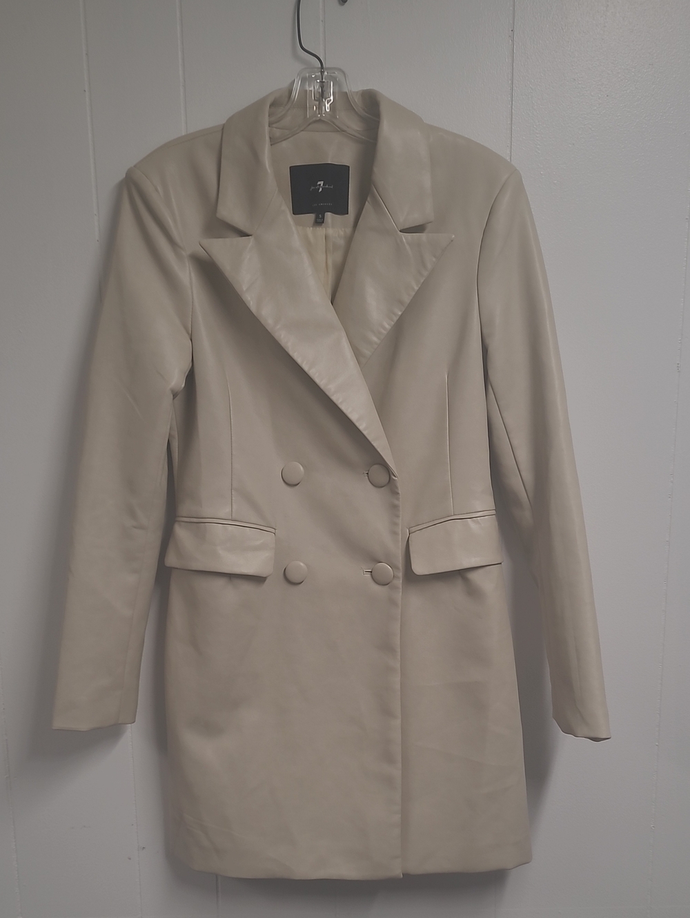 7 For All Mankind Vegan Leather Double-Breasted Cream Trench Generous Sz Small